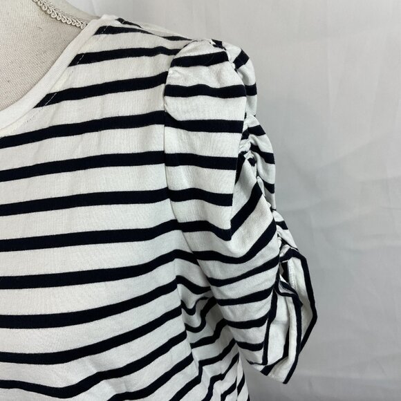 Kate Spade Top L White Black Stripe Short Ruched Sleeve - Picture 5 of 11
